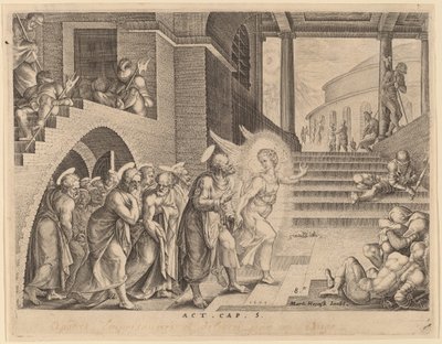 Apostołowie uwolnieni z więzienia przez anioła autorstwa Philip Galle after Maerten van Heemskerck