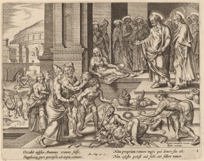 Śmierć Ananiasza i Safiry autorstwa Philip Galle after Maerten van Heemskerck