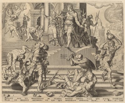 Zniszczenie świątyni Baala i rzeź jego kapłanów autorstwa Philip Galle, after Maerten van Heemskerck