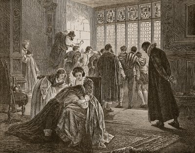 Ambasada angielska podczas masakry św. Bartłomieja, ilustracja z „Ilustrowanej historii Anglii Cassella” (zdjęcie w sepii) autorstwa Philip Hermogenes Calderon