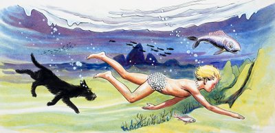 Pływanie z rybami, ilustracja z książki "The Water Babies" autorstwa Charlesa Kingsleya autorstwa Philip Mendoza