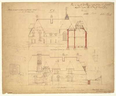 Elewacje dla Czerwonego Domu, Bexleyheath (pióro i atrament i toaleta na papierze) autorstwa Philip Webb