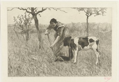 Żona rolnika kopiąca z cielęciem Le veau (tytuł oryginalny) autorstwa Philip Zilcken (signed by artist)