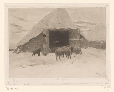 Pasterz prowadzi stado owiec do stodoły Grange dans la neige (tytuł oryginalny) autorstwa Philip Zilcken (signed by artist)