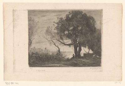 Pejzaż z flecistą pod drzewem i sylwetką miasta Soir (tytuł oryginalny) autorstwa Philip Zilcken (signed by artist)