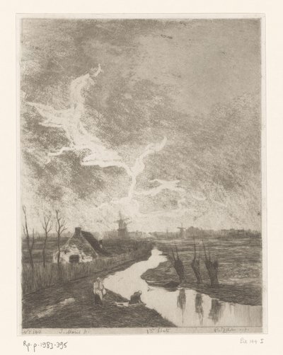 Krajobraz łąkowy z rowem, farmą i młynami Środowiska de La Haye (oryginalny tytuł) autorstwa Philip Zilcken (signed by artist)