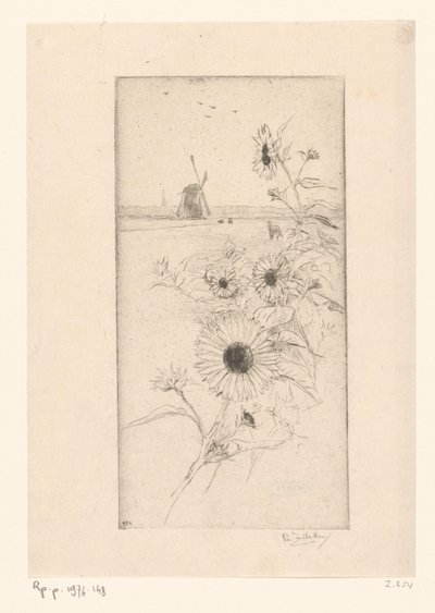 Słoneczniki dla krajobrazu łąkowego z końmi i młynem Euude de tournesols (tytuł oryginalny) autorstwa Philip Zilcken (signed by artist)