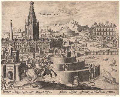 Die Mauern von Babylon z serii Ósme cuda świata według Maartena van Heemskercka, 1572 autorstwa Philipp Galle