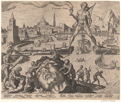 Kolos z Rodos z serii Ósme cuda świata według Maartena van Heemskercka, 1572 autorstwa Philipp Galle
