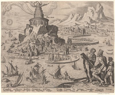 Latarnia morska w Aleksandrii z cyklu Ósme cuda świata według Maartena van Heemskercka, 1572 autorstwa Philipp Galle