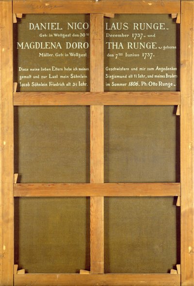 Napis na odwrocie obrazu: "Rodzice artysty", 1806 r. autorstwa Philipp Otto Runge
