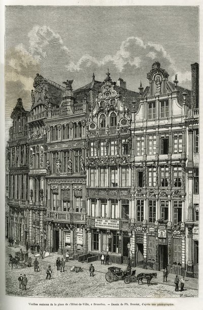 Stare domy na placu ratuszowym w Brukseli. Grawerowanie Ph. Benoist, ilustrujące historię Belgii autorstwa Camille Lemonnier, opublikowane w tour du monde, pod kierunkiem Edouarda Chartona (1807-1890), Paryż autorstwa Philippe Benoist