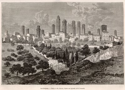 Widok na San Gimignano (Toskania, Włochy). Rycina według rysunku Ph. Benoista, ilustrującego podróż do Toskanii i Umbrii, autorstwa Francisa Weya, w 1875 r., opublikowana w „Le tour du monde” 1876, pod redakcją Edouarda Chartona, wyd. Hachette, Paryż. Selv autorstwa Philippe Benoist