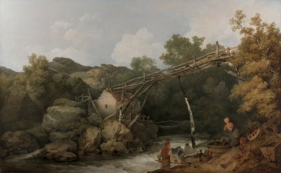 Widok w pobliżu Matlock, Derbyshire z postaciami pracującymi pod drewnianym przenośnikiem autorstwa Philippe Jacques de Loutherbourg