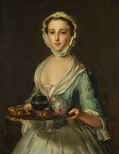 Młoda kobieta trzymająca tacę z herbatą, prawdopodobnie Hannah, służąca artysty. autorstwa Philippe Mercier
