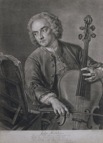 Portret Johna Hebden (fl.1740-60), wiolonczelisty w orkiestrze Haendla, sztychowany przez Johna Fabera (1684-1756), 1741 autorstwa Philippe Mercier