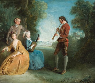 Dwie pary kochanków, jedna para muzykująca, w otoczeniu parku (olej na płótnie) autorstwa Philippe Mercier