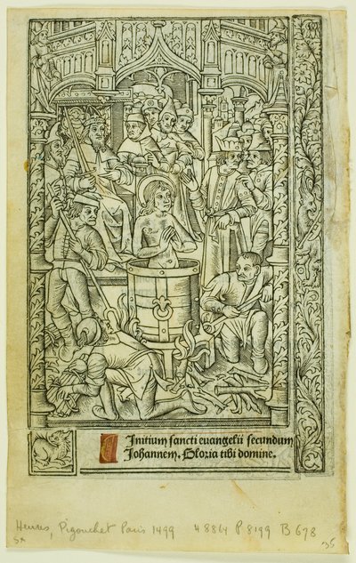 Męczeństwo św. Jana Ewangelisty (recto) i Kalendarz grudniowy (verso), z Księgi Godzin autorstwa Philippe Pigouchet