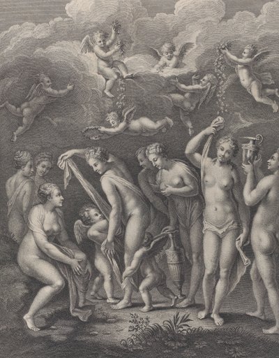 Hera, Afrodyta i Atena przygotowują się do konkursu piękności przed P..., ca. 1729-40. autorstwa Philippe Simonneau