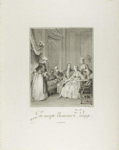 Akceptuję szczęśliwy omen, z Monument du Costume Physique et Moral de la fin du Dix-huitième siècle autorstwa Philippe Triere