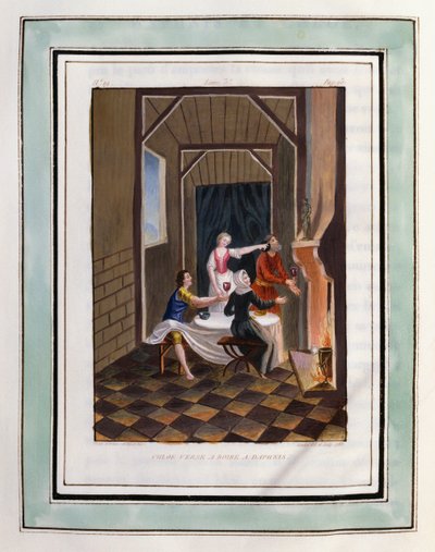 Chloe nalewa Daphnisowi drinka. Rysunek Philippe