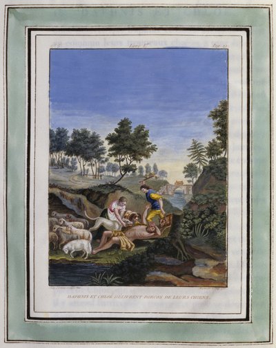 Daphnis i Chloe uwalniają Dorcona od swoich psów. Rysunek Philippe