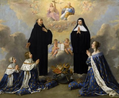 Anna Austriaczka z dziećmi, modląca się do Trójcy Świętej ze świętymi Benedyktem i Scholastyka autorstwa Philippe de Champaigne