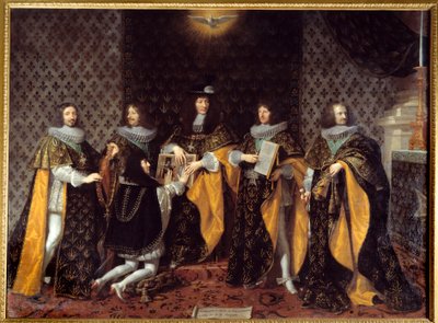 Król Ludwik XIV przyjmuje swego brata księcia Andegaweńskiego, rycerza Zakonu Ducha Świętego Obraz Filipa z Champaigne (1602-1674) XVII-wieczne Grenoble, musee des Beaux Arts - Król Ludwik XIV przyjmuje brata, księcia Andegawenii, Rycerz Or autorstwa Philippe de Champaigne