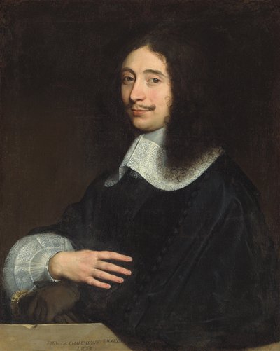 Portret dżentelmena, tradycyjnie identyfikowanego jako Noël de Bullion, do połowy długości, w kolorze czarnym, z koronkowym kołnierzem i rękawem, w lewej ręce w rękawiczkach, 1656 autorstwa Philippe de Champaigne