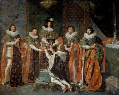 Przyjęcie przez Ludwika XIII (1601-1643) Henryka II Orleańskiego, księcia Longueville i Estouville, suwerennego księcia Neufchatel (1595-1663) Kawalera Zakonu Ducha Świętego 15/05/1633 Ludwika XIII otoczonego przez Claude