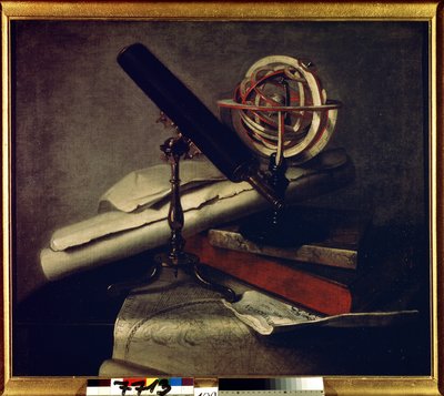 Instrumenty astronomiczne. (Narzędzia astronomiczne). Martwa natura z teleskopem astronomicznym (teleskopem), kulą ziemską i mapą nieba. Obraz Philippe de La Hyre (1640-1718). Sztuka francuska, styl barokowy. Olej na płótnie. Muzeum Carskie Sioło, Saint P autorstwa Philippe de la Hire