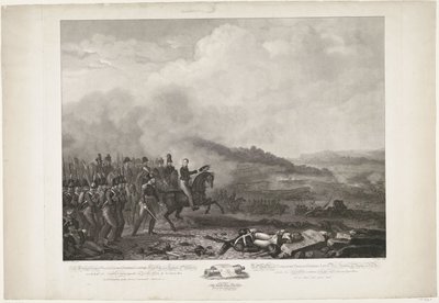 Książę Orange dowodzący oddziałami holenderskimi w bitwie pod Quatre-Bras, 1815 Jego Królewska Wysokość William, George, Frederik, Lodewijk, następca tronu Królestwa Niderlandów na czele armii holenderskiej przeciwko armii francuskiej przez Quatre-B autorstwa Philippus Velijn