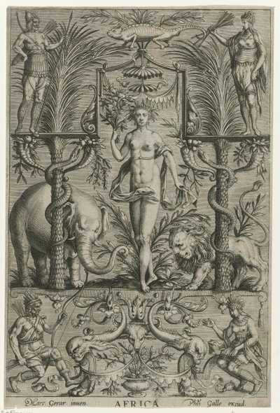 Afryka Afryka (tytuł na obiekcie) Cztery kontynenty (tytuł serii) autorstwa Philips Galle (attributed to workshop of)