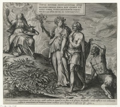 Alegoria nad boetedoeningiem en berouw Boetedoening en berouw in het Oude Testament en het Nieuwe Testament (tytuł serii) Typ Boskiego zadufania i miłosierdzia wobec tych, którzy całym sercem żałują swojego przestępstwa i zwracają się do Boga autorstwa Philips Galle (attributed to workshop of)