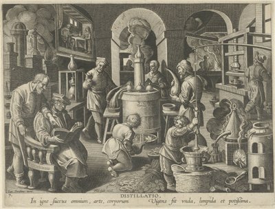 Destylacja Destylacja (tytuł na przedmiocie) Nowe wynalazki i odkrycia (tytuł serii) Nova Reperta (tytuł serii) autorstwa Philips Galle (attributed to workshop of)