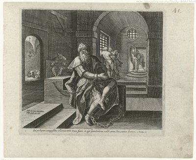 Koning Manasse w więzieniu Boetedoening en berouw in het Oude Testament en het Nieuwe Testament (tytuł serii) Rodzaj Boskiego odpustu i miłosierdzia wobec tych, którzy z całego serca żałują swoich występków i zwracają się do Boga (seria autorstwa Philips Galle (attributed to workshop of)