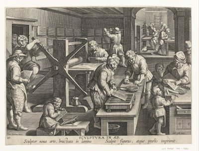 Produkcja miedziorytów Scvlptvra in aes (tytuł na obiekcie) Nowe wynalazki i odkrycia (tytuł serii) Nova Reperta (tytuł serii) autorstwa Philips Galle (attributed to workshop of)