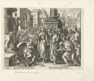 Paweł uzdrawia kalekę w Listrze Dzieje Apostolskie (tytuł serii) Acta Apostolorum (tytuł serii) autorstwa Philips Galle (possibly)