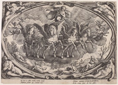 Apollo (Sol) z rydwanem słońca (Cztery pory roku ze słońcem, strona tytułowa) autorstwa Philips Galle