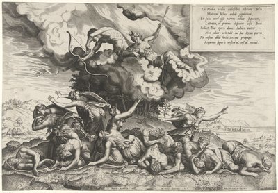 Apollo i Diana zabijają dzieci Niobe autorstwa Philips Galle