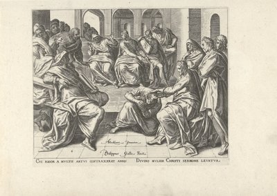 Chrystus uzdrawia kaleką kobietę Sześć scen z Chrystusem i kobietami z Ewangelii (tytuł serii) autorstwa Philips Galle