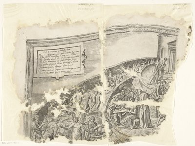 Lewy górny róg wydruku sceny autorstwa Cebes Tabula Cebetis Carta Vitae (tytuł na obiekcie) autorstwa Philips Galle