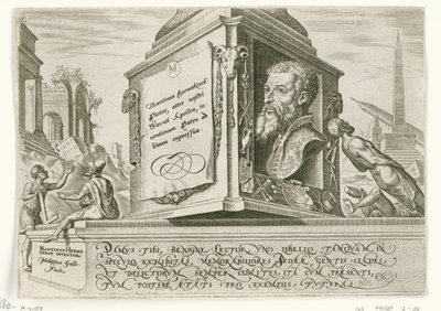 Portret Maartena van Heemskercka na cokole kolumny Dni zagłady narodu żydowskiego (tytuł serii) autorstwa Philips Galle
