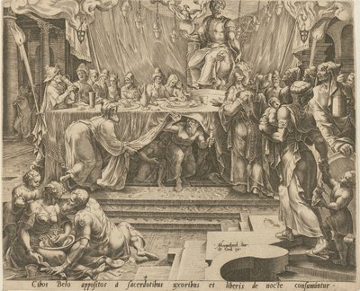 Kapłani Bela jedzą i piją w świątyni [strona 4], a Daniel karmi smoka [strona 7] – strony 4 i 7 serii „Historia Daniela, Bela i smoka” autorstwa Philips Galle