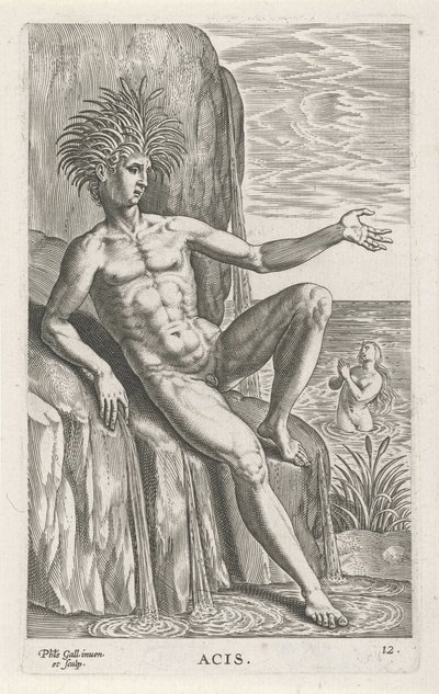 Riviergod Acis Asy (tytuł na obiekcie) Rivier- en zeegoden (tytuł serii) Eleganckie portrety morskich półbogów i pieczęci Amnicus (tytuł serii) autorstwa Philips Galle