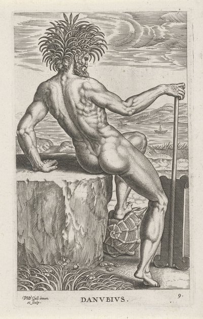 Riviergod Dunaj Danvbivs (tytuł na obiekcie) Rivier- en zeegoden (tytuł serii) Eleganckie portrety morskich półbogów i pieczęci Amnicus (tytuł serii) autorstwa Philips Galle