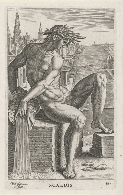 Riviergod Scaldis Scaldis (tytuł na obiekcie) Rivier- en zeegoden (tytuł serii) Eleganckie portrety morskich półbogów i pieczęci Amnicus (tytuł serii) autorstwa Philips Galle