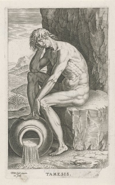 Rivergod Tamiza Tamiza (tytuł na obiekcie) Rivier- en zeegoden (tytuł serii) Eleganckie portrety morskich półbogów i pieczęci Amnicus (tytuł serii) autorstwa Philips Galle