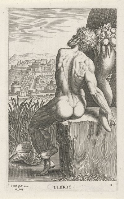Riviergod Tiber Plemiona (tytuł na obiekcie) Rivier- en zeegoden (tytuł serii) Eleganckie portrety morskich półbogów i pieczęci Amnicus (tytuł serii) autorstwa Philips Galle