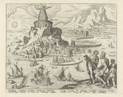 Latarnia morska w Aleksandrii Pharos (tytuł na obiekcie) Osiem cudów świata (tytuł serii) autorstwa Philips Galle